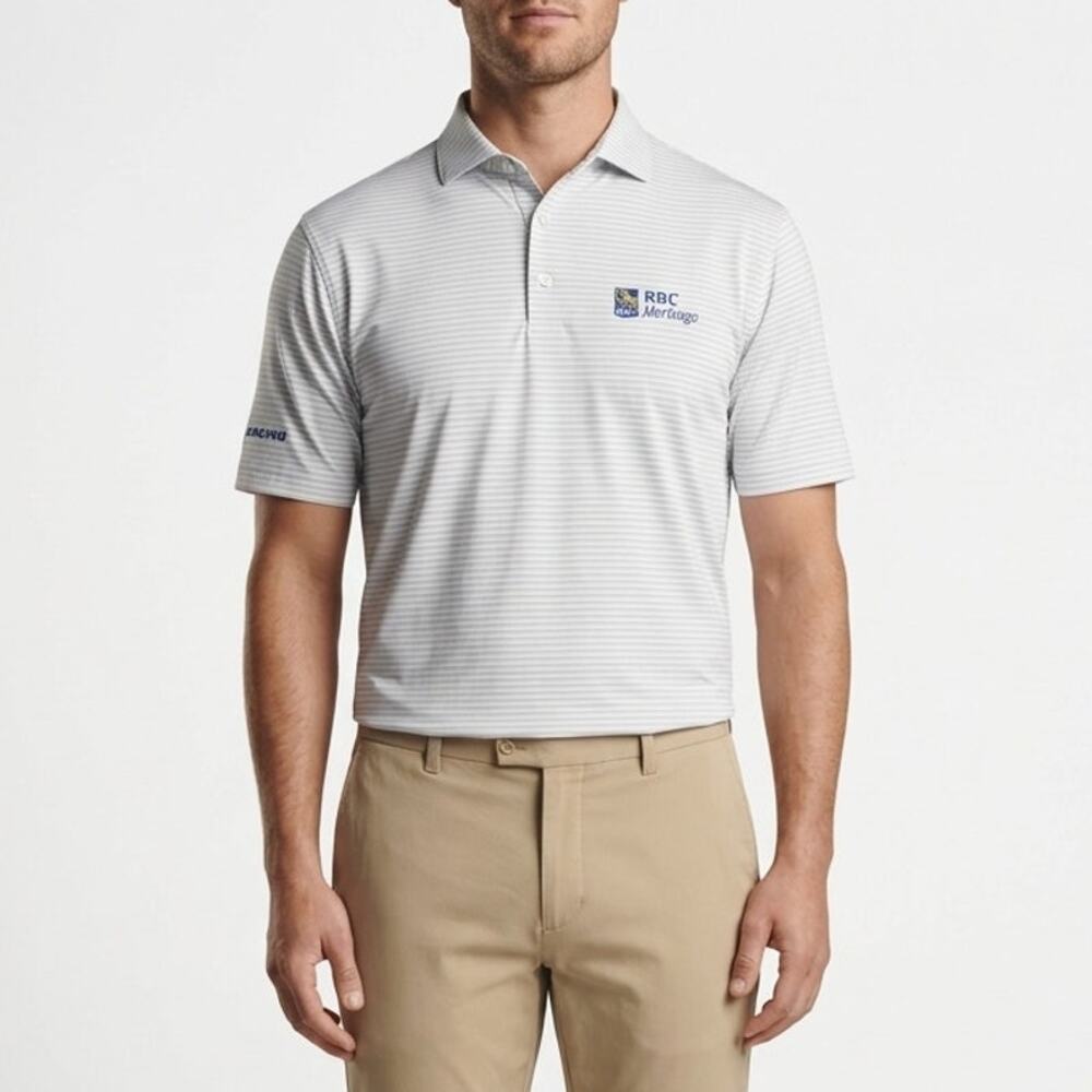 Peter Millar Golf Polo Shirt Men's L Gray Striped RBC Heritage Boeing Slit Hem
